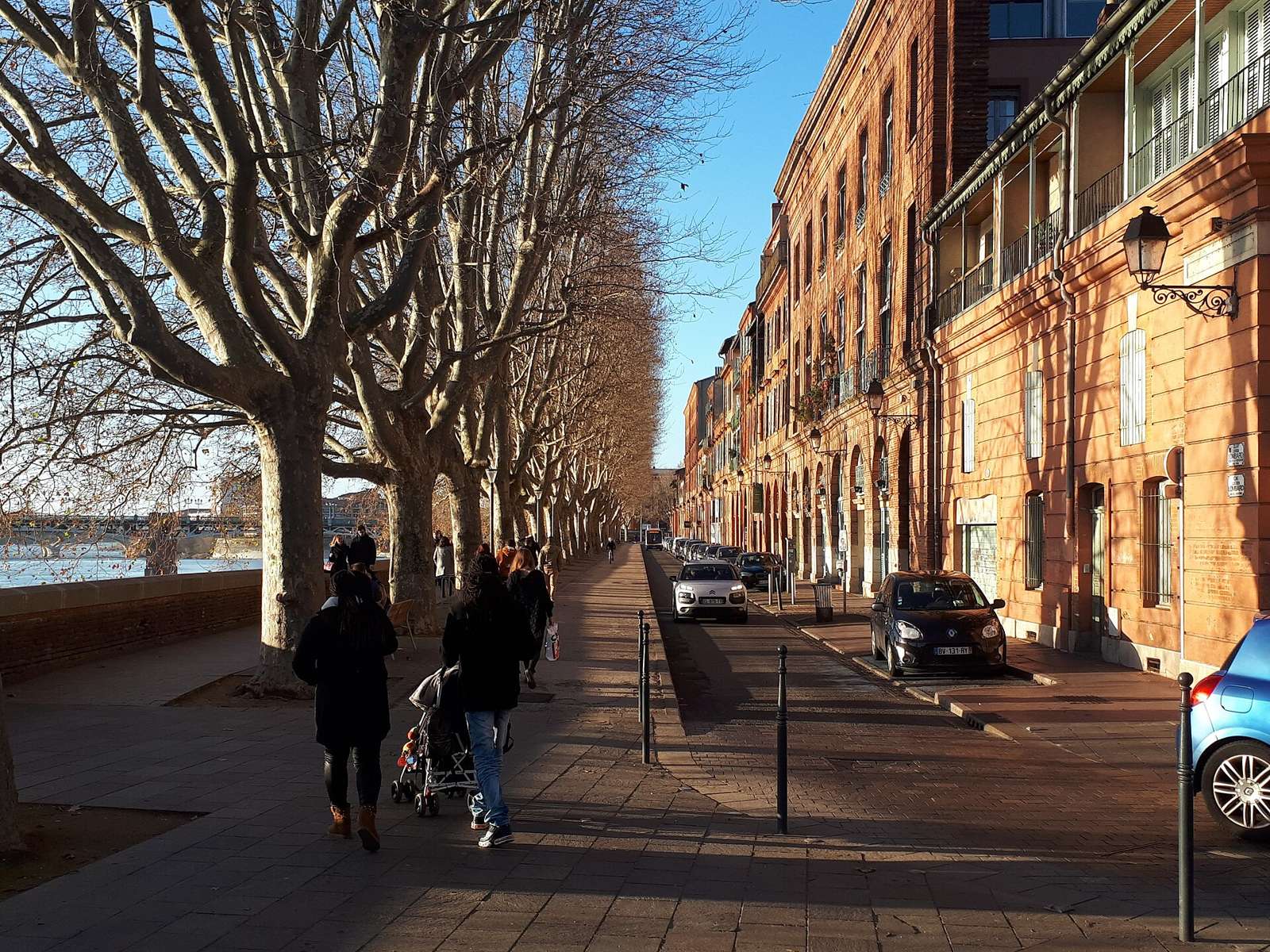 Promeneurs sous les platanes du quai Lucien Lombard, au soleil d'hiver, près de la place de la Daurade à Toulouse